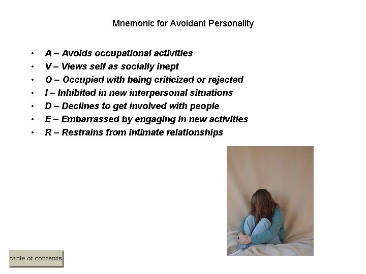 Mnemonic for Avoidant Personality • • A – Avoids occupational activities V – Views