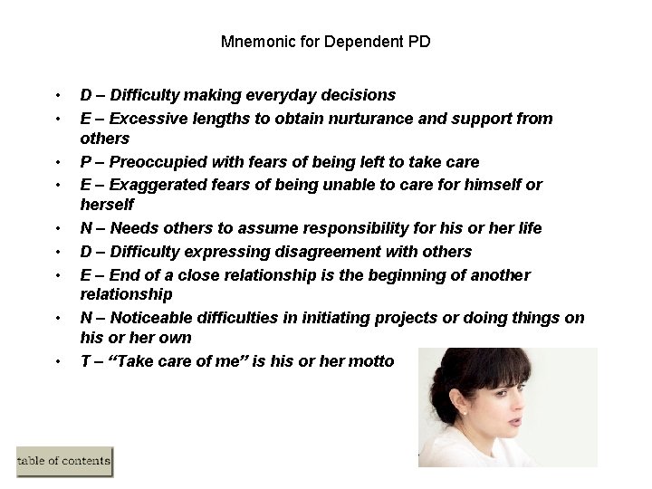 Mnemonic for Dependent PD • • • D – Difficulty making everyday decisions E