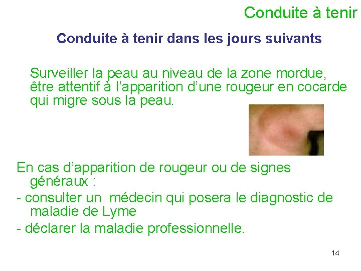 Conduite à tenir dans les jours suivants Surveiller la peau au niveau de la