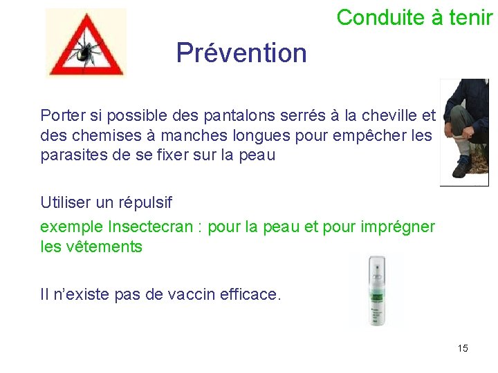 Conduite à tenir Prévention Porter si possible des pantalons serrés à la cheville et