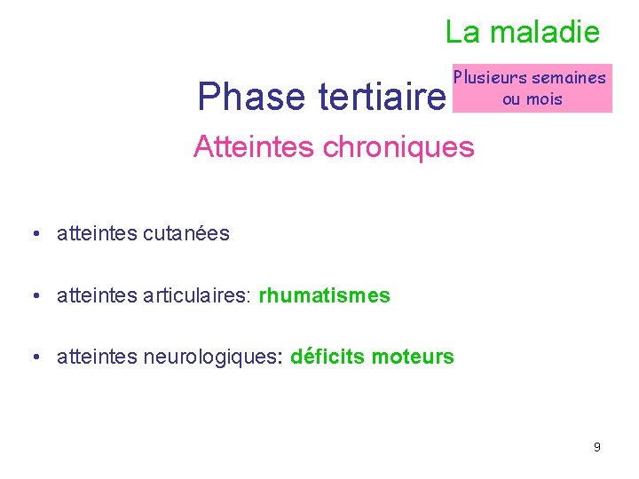 La maladie Phase tertiaire Plusieurs semaines ou mois Atteintes chroniques • atteintes cutanées •