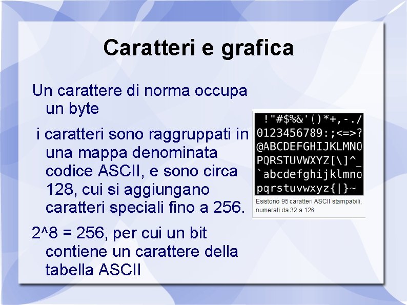 Caratteri e grafica Un carattere di norma occupa un byte i caratteri sono raggruppati