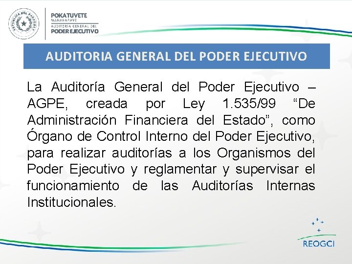 AUDITORIA GENERAL DEL PODER EJECUTIVO La Auditoría General del Poder Ejecutivo – AGPE, creada