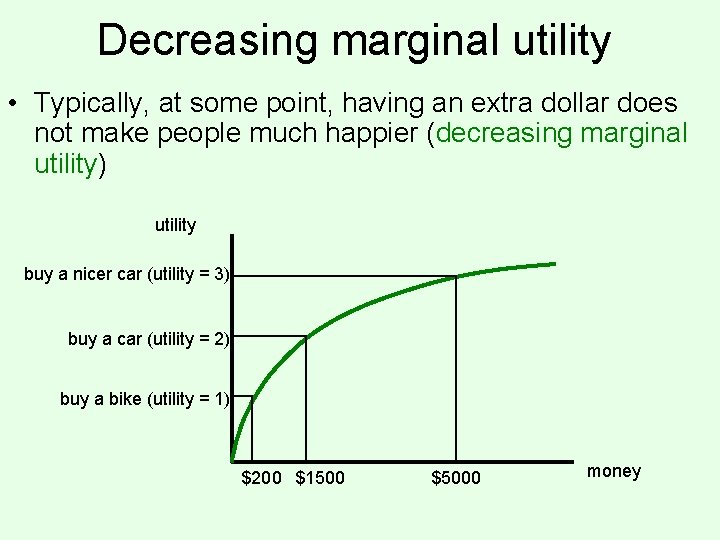 Decreasing marginal utility • Typically, at some point, having an extra dollar does not