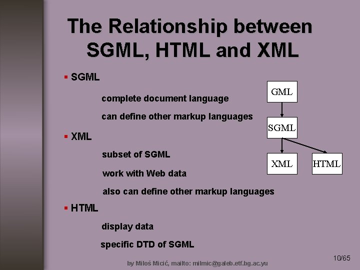 The Relationship between SGML, HTML and XML § SGML complete document language can define