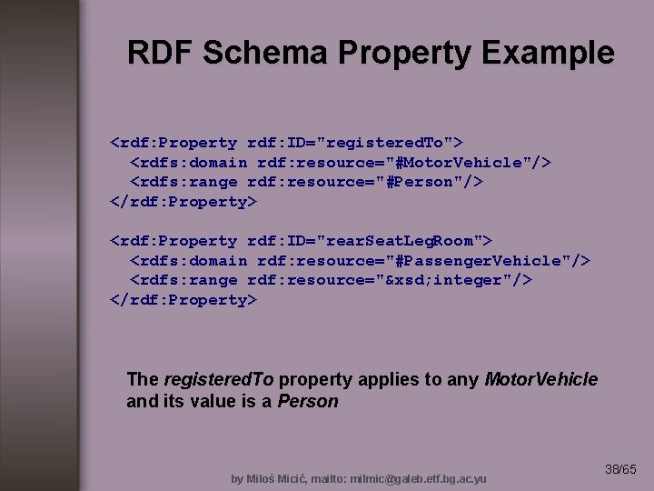 RDF Schema Property Example <rdf: Property rdf: ID="registered. To"> <rdfs: domain rdf: resource="#Motor. Vehicle"/>