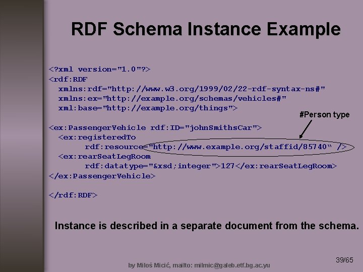 RDF Schema Instance Example <? xml version="1. 0"? > <rdf: RDF xmlns: rdf="http: //www.