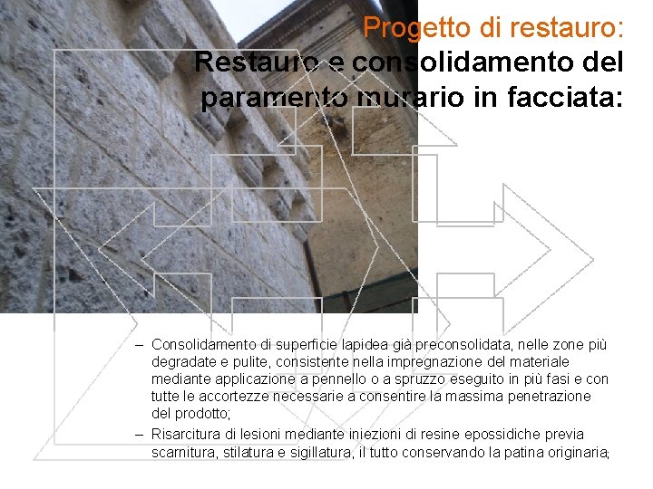 Progetto di restauro: Restauro e consolidamento del paramento murario in facciata: – Consolidamento di