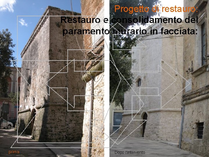 Progetto di restauro: Restauro e consolidamento del paramento murario in facciata: prima Dopo l’intervento