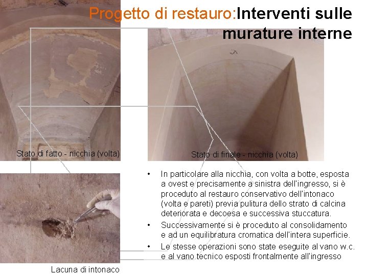 Progetto di restauro: Interventi sulle murature interne Stato di fatto - nicchia (volta) Stato