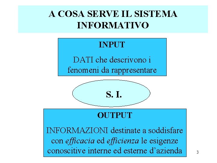 A COSA SERVE IL SISTEMA INFORMATIVO INPUT DATI che descrivono i fenomeni da rappresentare