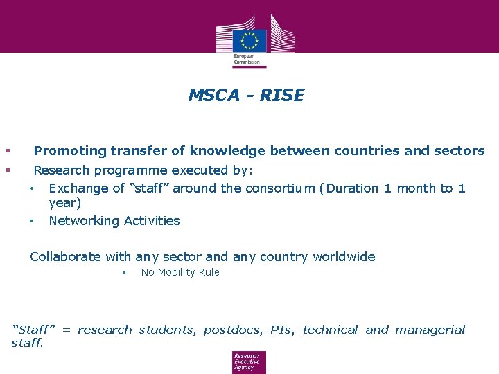 MSCA - RISE § § Promoting transfer of knowledge between countries and sectors Research