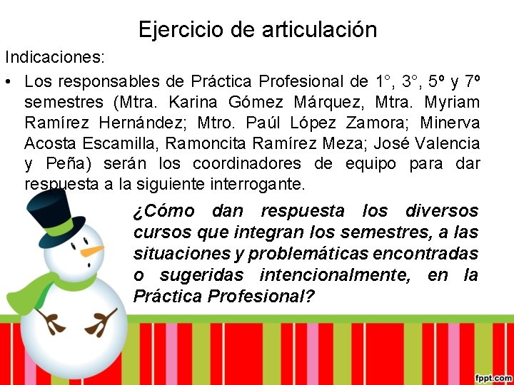 Ejercicio de articulación Indicaciones: • Los responsables de Práctica Profesional de 1°, 3°, 5º