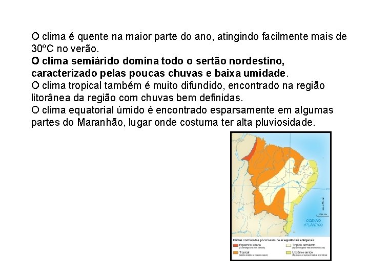 O clima é quente na maior parte do ano, atingindo facilmente mais de 30ºC