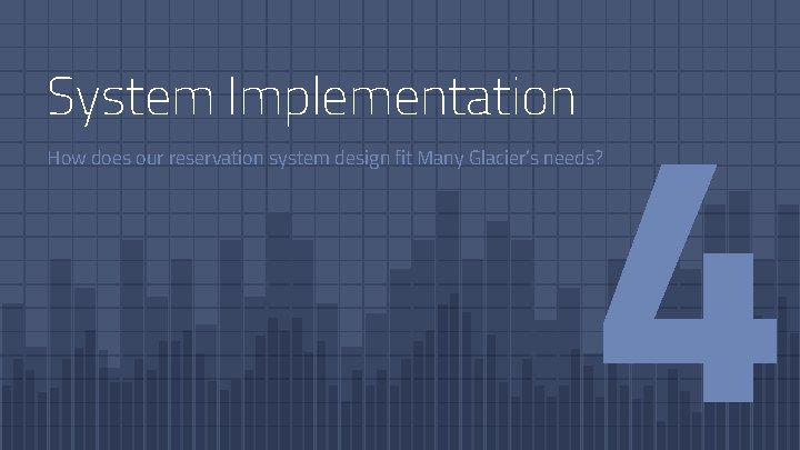 System Implementation How does our reservation system design fit Many Glacier’s needs? 