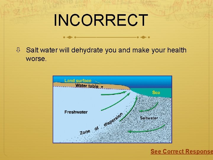 INCORRECT Salt water will dehydrate you and make your health worse. See Correct Response