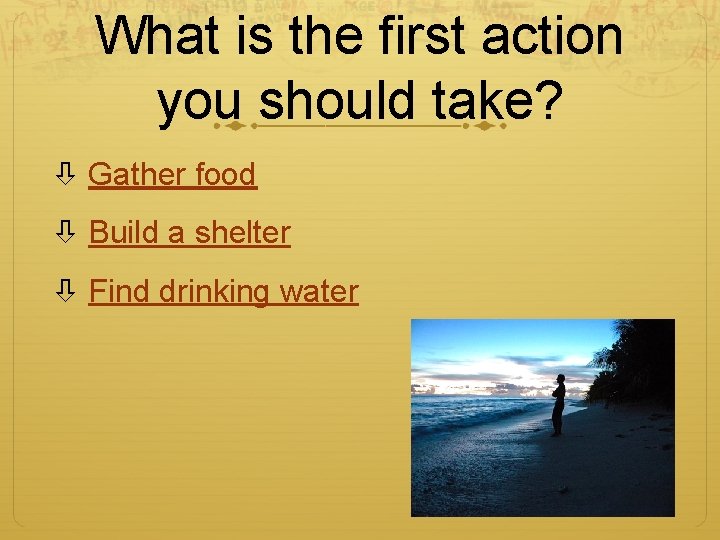 What is the first action you should take? Gather food Build a shelter Find