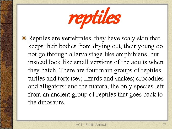 reptiles Reptiles are vertebrates, they have scaly skin that keeps their bodies from drying