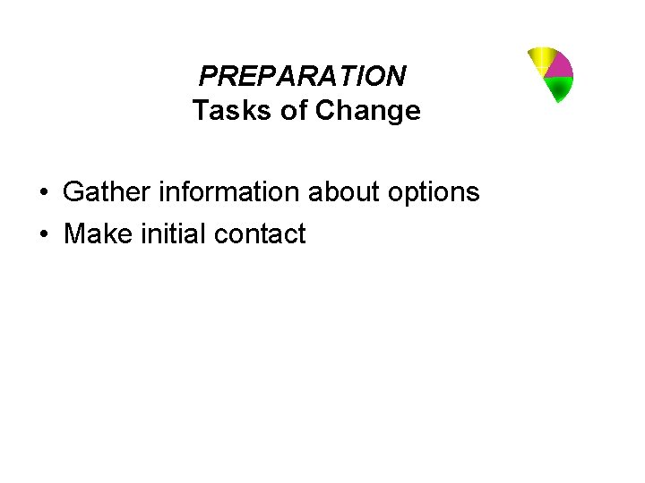 PREPARATION Tasks of Change • Gather information about options • Make initial contact 