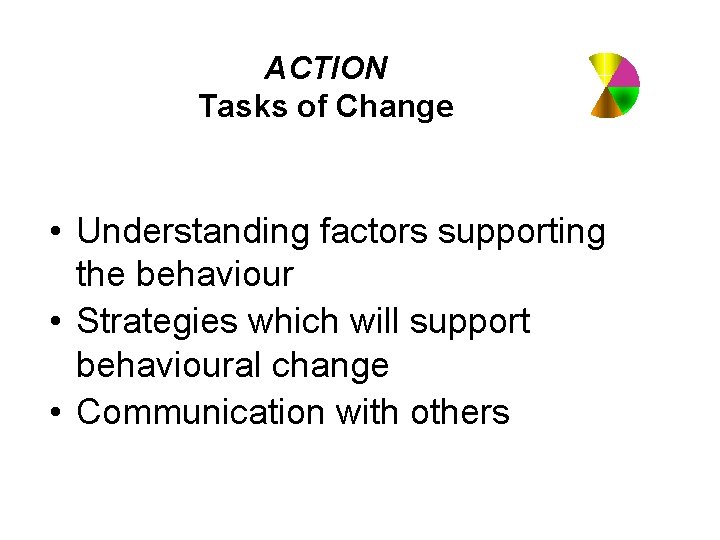 ACTION Tasks of Change • Understanding factors supporting the behaviour • Strategies which will