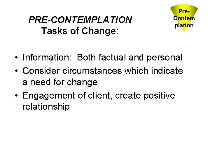 PRE-CONTEMPLATION Tasks of Change: Pre. Contem plation • Information: Both factual and personal •