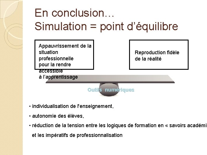 En conclusion… Simulation = point d’équilibre Appauvrissement de la situation professionnelle pour la rendre En conclusion… Simulation = point d’équilibre Appauvrissement de la situation professionnelle pour la rendre