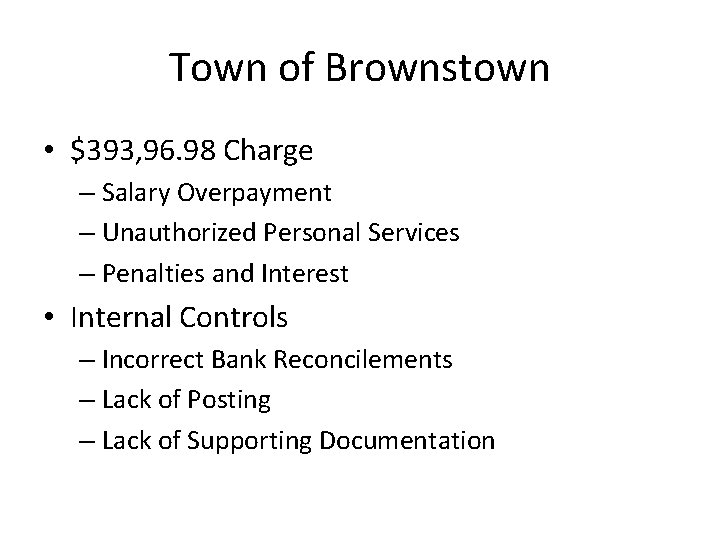 Town of Brownstown • $393, 96. 98 Charge – Salary Overpayment – Unauthorized Personal