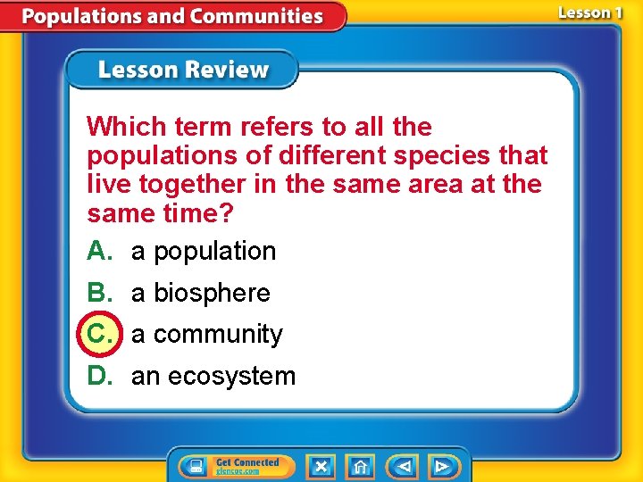 Which term refers to all the populations of different species that live together in