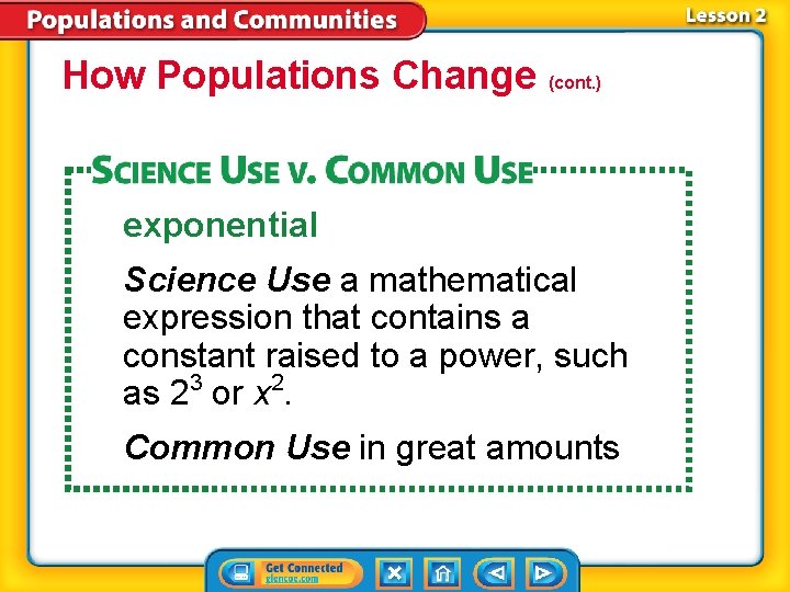 How Populations Change (cont. ) exponential Science Use a mathematical expression that contains a