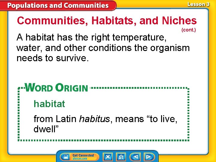 Communities, Habitats, and Niches (cont. ) A habitat has the right temperature, water, and