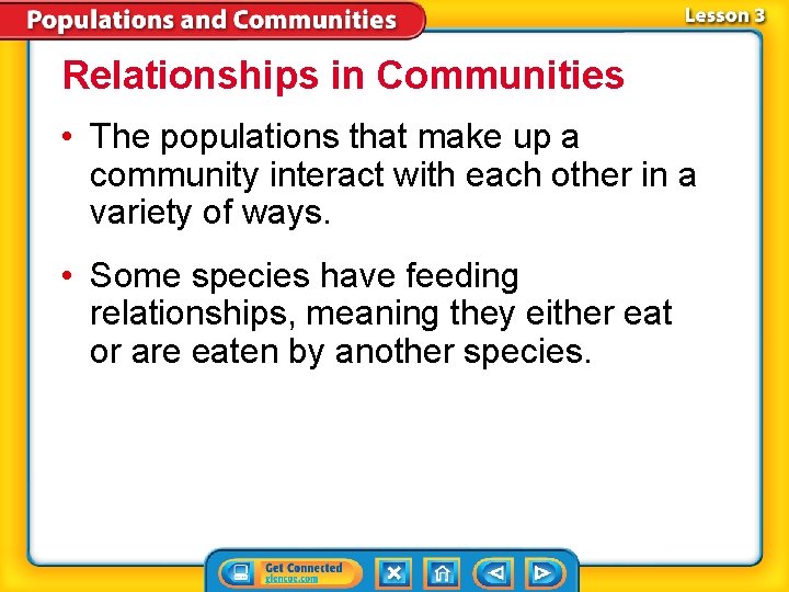 Relationships in Communities • The populations that make up a community interact with each