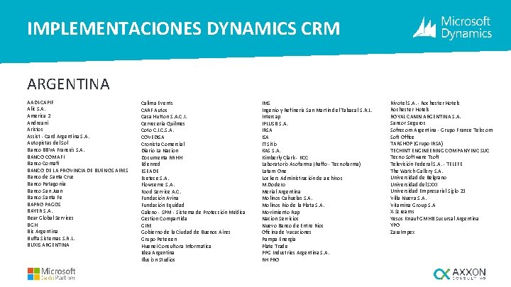 IMPLEMENTACIONES DYNAMICS CRM ARGENTINA AADI-CAPIF Alic S. A. America 2 Andreani Aristos Assist -