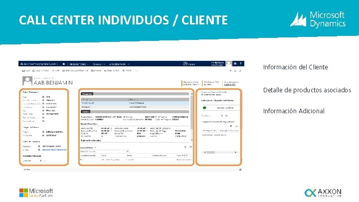CALL CENTER INDIVIDUOS / CLIENTE Información del Cliente Detalle de productos asociados Información Adicional