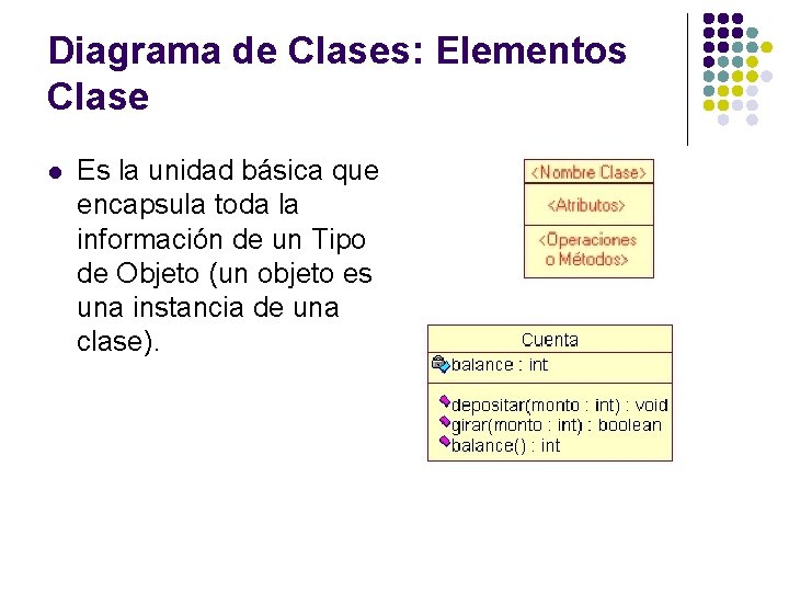 Diagrama de Clases: Elementos Clase l Es la unidad básica que encapsula toda la