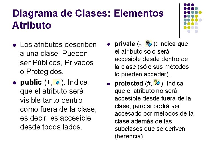 Diagrama de Clases: Elementos Atributo l l Los atributos describen a una clase. Pueden