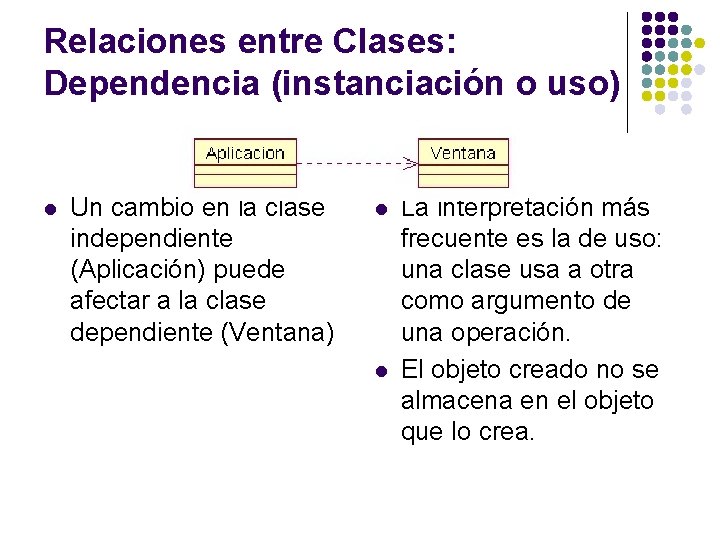 Relaciones entre Clases: Dependencia (instanciación o uso) l Un cambio en la clase independiente