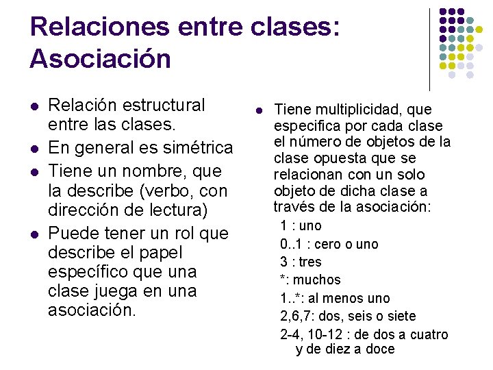 Relaciones entre clases: Asociación l l Relación estructural entre las clases. En general es