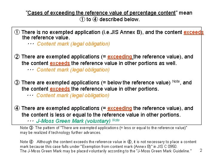 ”Cases of exceeding the reference value of percentage content” mean ① to ④ described