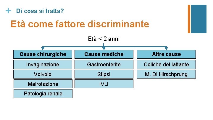 + Di cosa si tratta? Età come fattore discriminante Età < 2 anni Cause