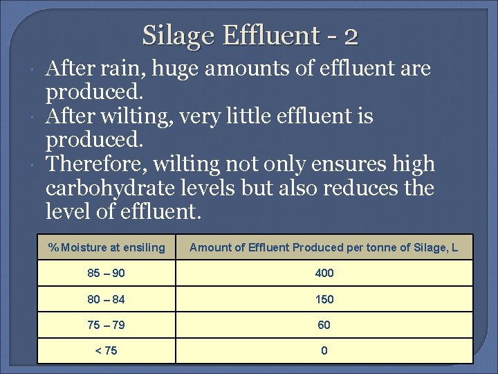 Silage Effluent - 2 After rain, huge amounts of effluent are produced. After wilting,