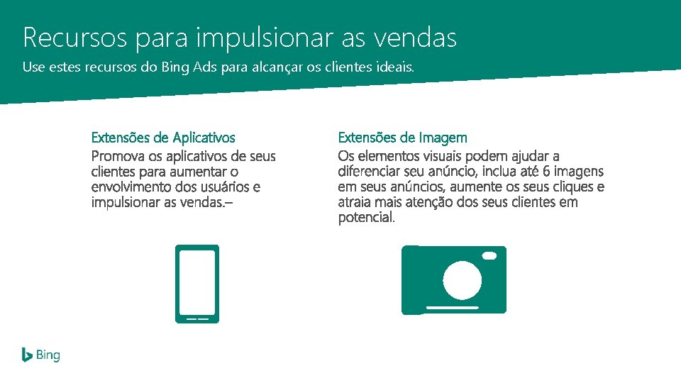 Recursos para impulsionar as vendas Use estes recursos do Bing Ads para alcançar os