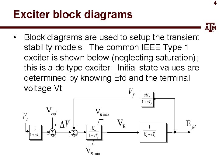 4 Exciter block diagrams • Block diagrams are used to setup the transient stability