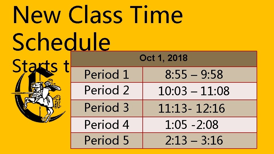 New Class Time Schedule Starts today! Period 1 Oct 1, 2018 Period 2 8: