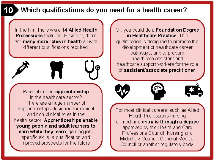 10 Which qualifications do you need for a health career? In the film, there