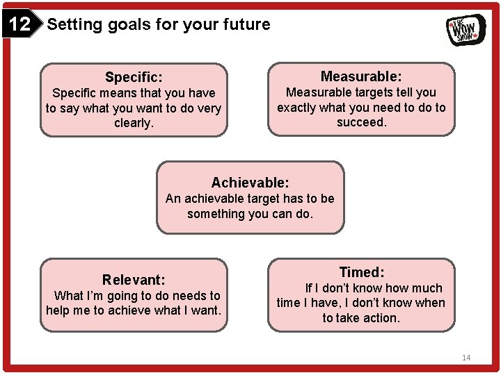 12 Setting goals for your future Specific: Measurable: Specific means that you have to