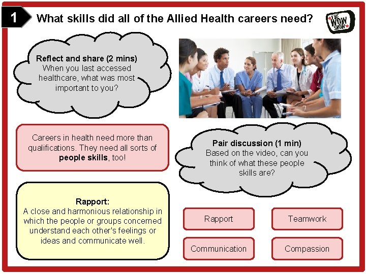 1 What skills did all of the Allied Health careers need? Reflect and share