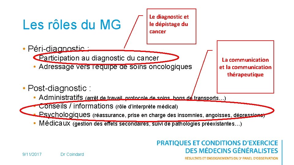 Les rôles du MG Le diagnostic et le dépistage du cancer • Péri-diagnostic :