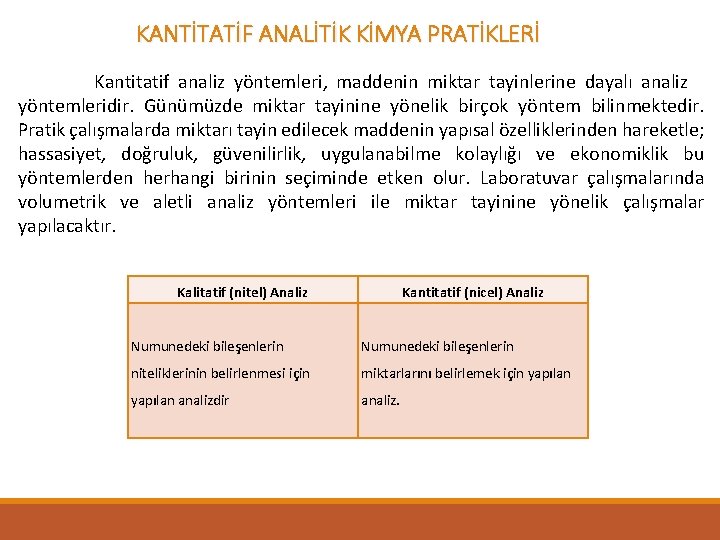 KANTİTATİF ANALİTİK KİMYA PRATİKLERİ Kantitatif analiz yöntemleri, maddenin miktar tayinlerine dayalı analiz yöntemleridir. Günümüzde