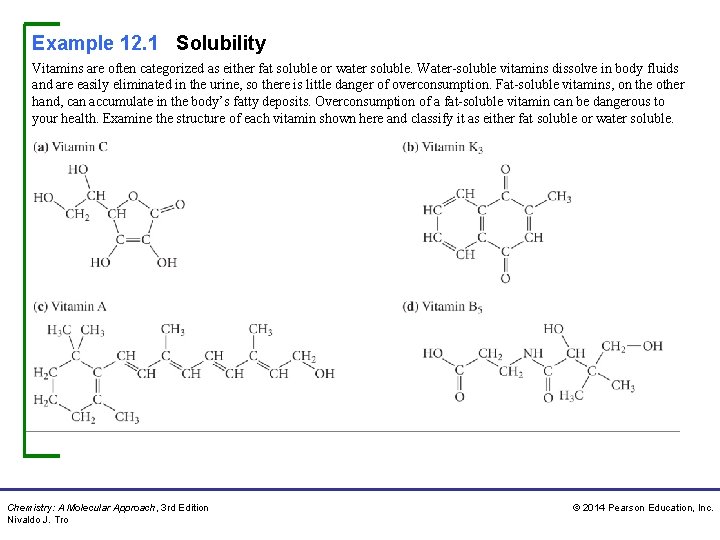Example 12. 1 Solubility Vitamins are often categorized as either fat soluble or water