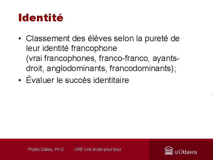 Identité • Classement des élèves selon la pureté de leur identité francophone (vrai francophones,